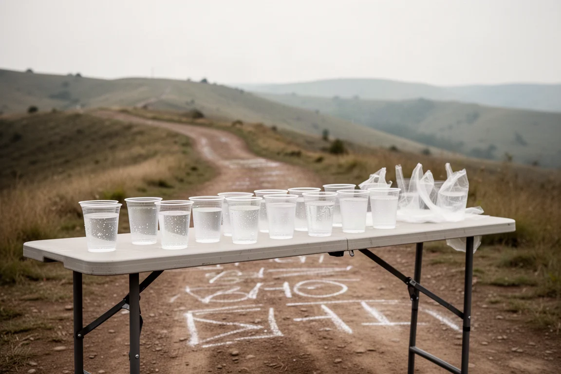 Tafel bij een verzorgingspost met herbruikbare bekers en snacks op een trailraceparcours