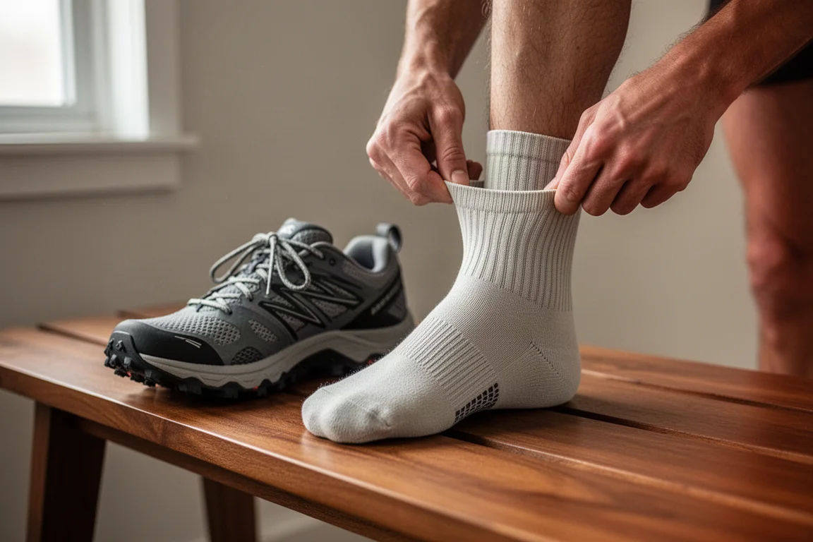 Runner trekt een lichte hardloopsok met crewlengte aan vóór een race
