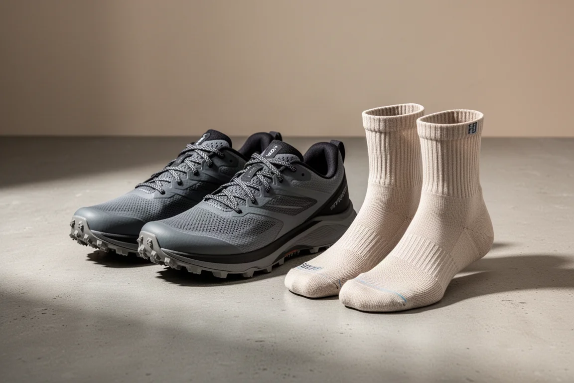 Trail running shoes and lightweight crew socks arranged on a concrete surface