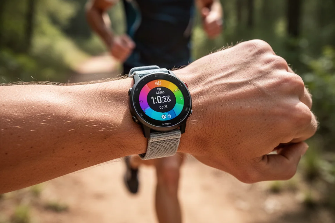 GPS-sportklocka på en löpares handled med en ljus och färgstark skärm