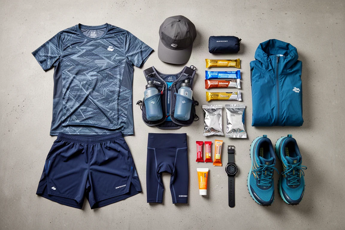 Flach ausgelegte Trailrunning-Ausrüstung mit Kleidung, Weste, Verpflegung, Uhr und Trailschuhen auf Beton