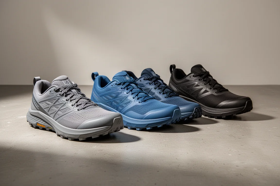 Four trail running shoes arranged in a row on a matte concrete surface