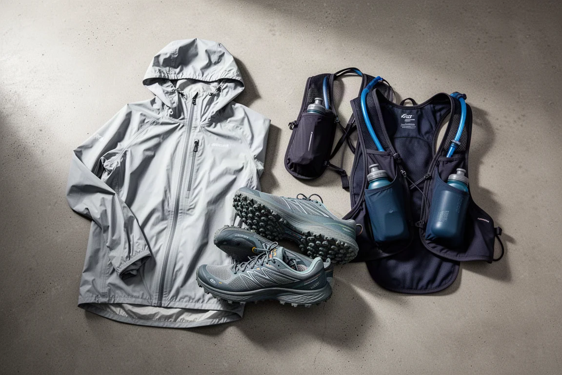 Draufsicht auf Trailrunning-Jacke, Trailrunningschuhe und Trinkwesten auf Beton