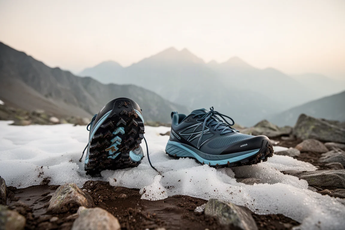 Trailrunningschuhe auf felsigem, schneebestaubtem Gelände in großer Höhe