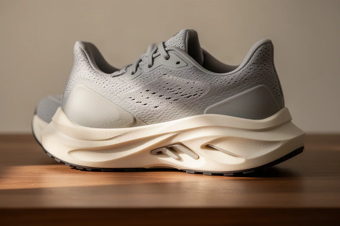 Nahaufnahme einer Schuh-Mittelsohle und Fersenkappe auf einer Holzoberfläche