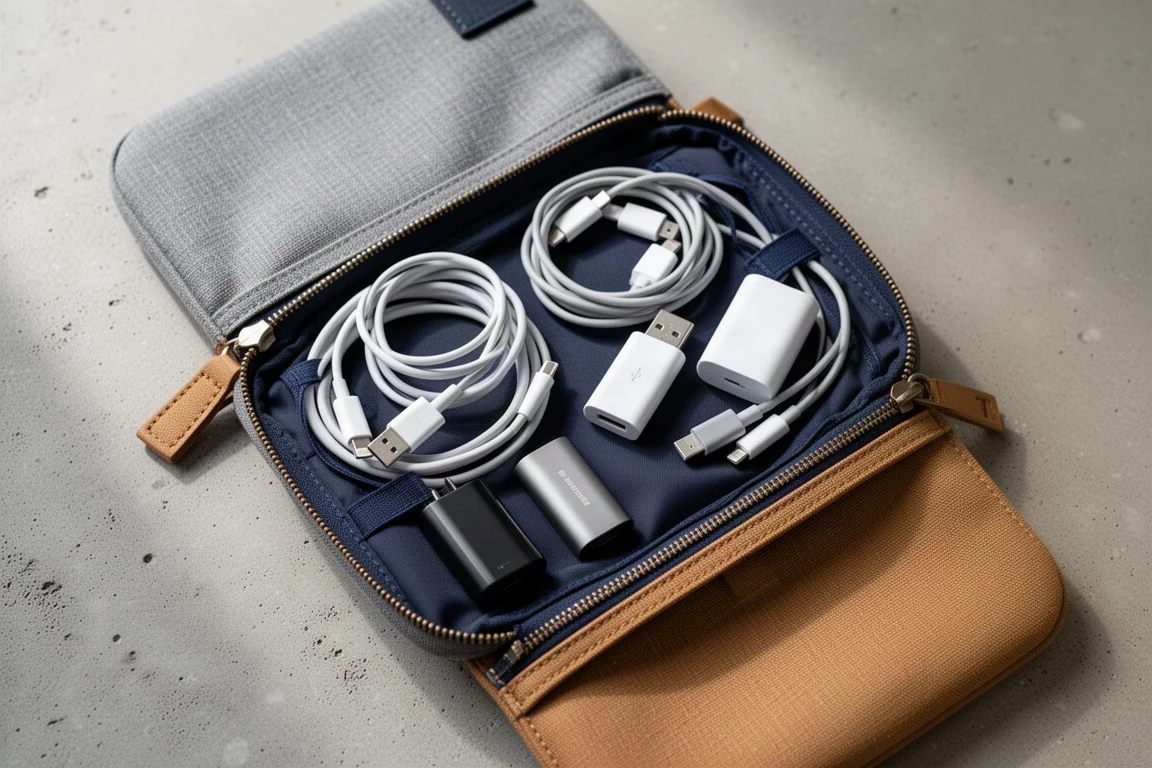 Läufer-Ausrüstung und Kabel ordentlich in einer Reißverschluss-Tech-Pouch verstaut