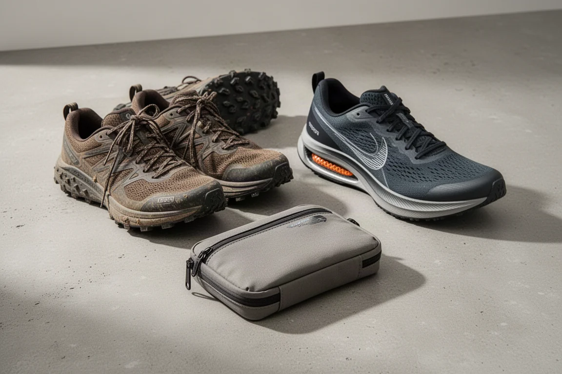 Scarpe da trail running, una scarpa da road running e una tech pouch disposte sul cemento
