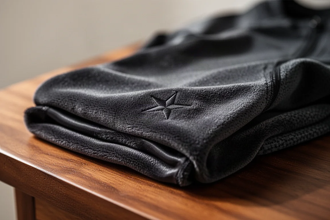 Gros plan sur le tissu doux d'un débardeur technique de running avec motif étoilé