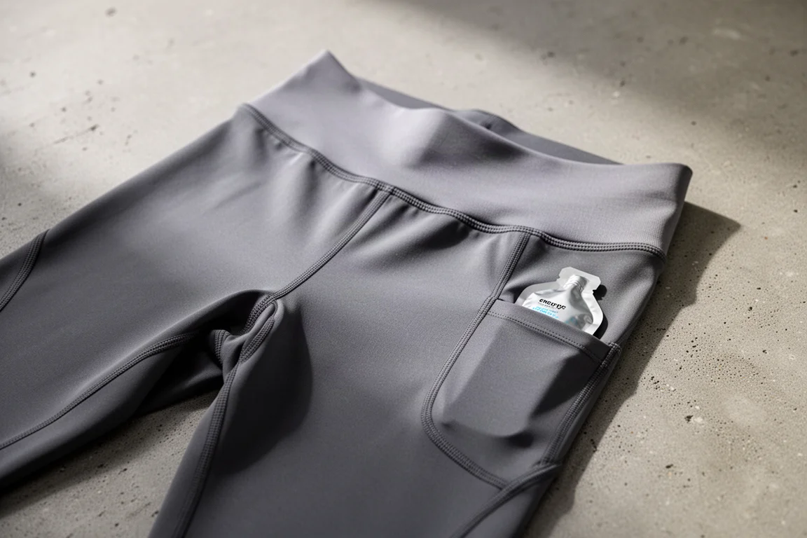 Gros plan sur la ceinture d'un collant de running et sa poche latérale de rangement