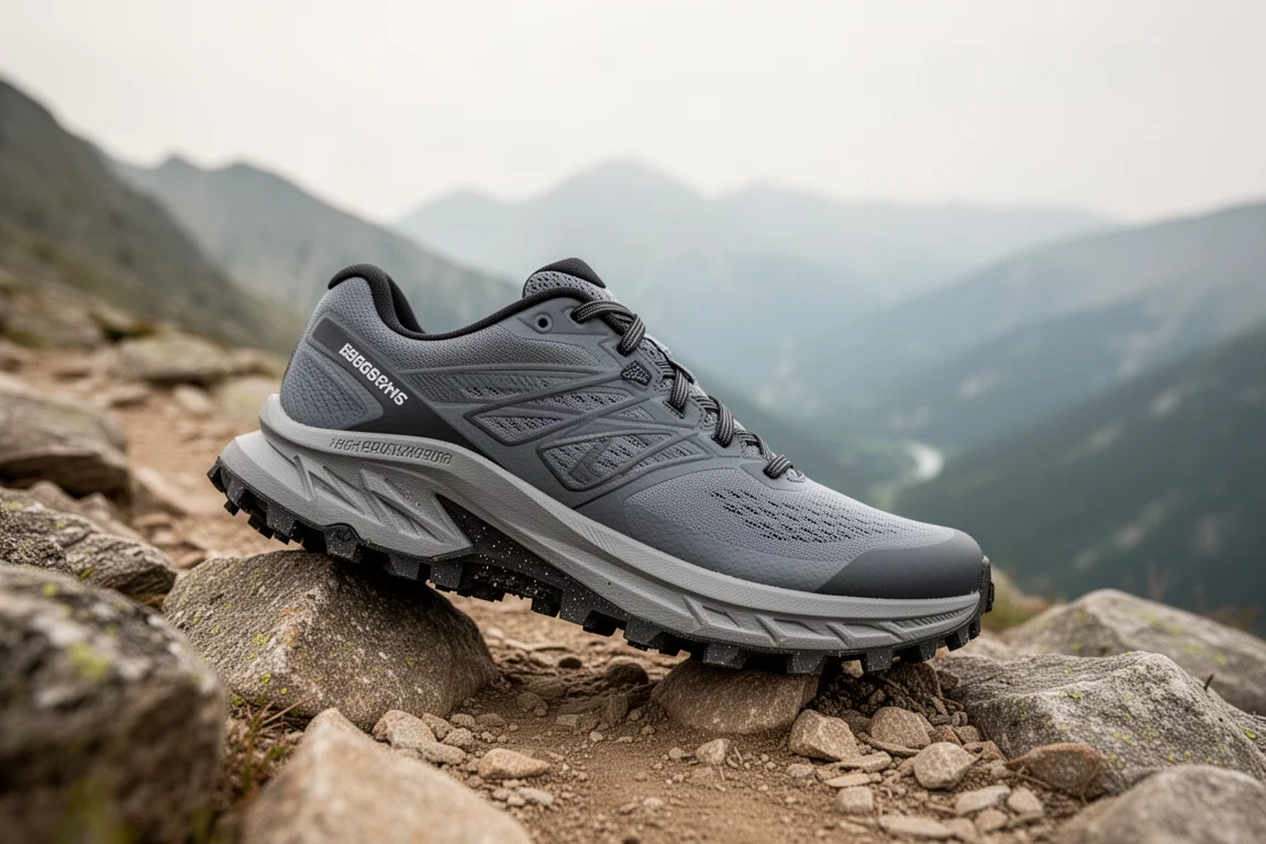 Semelle et tige d'une chaussure de trail posées sur un sentier rocailleux