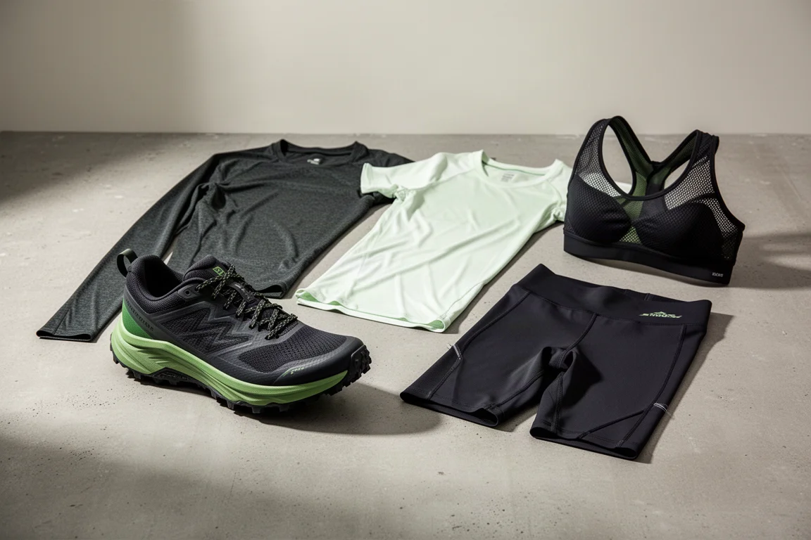Trail running schoen en running apparel uitgestald op een betonnen oppervlak