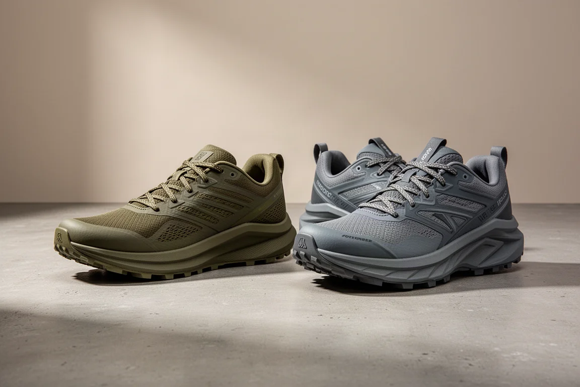 Due paia di scarpe da trail running zero drop una accanto all'altra su una superficie di cemento