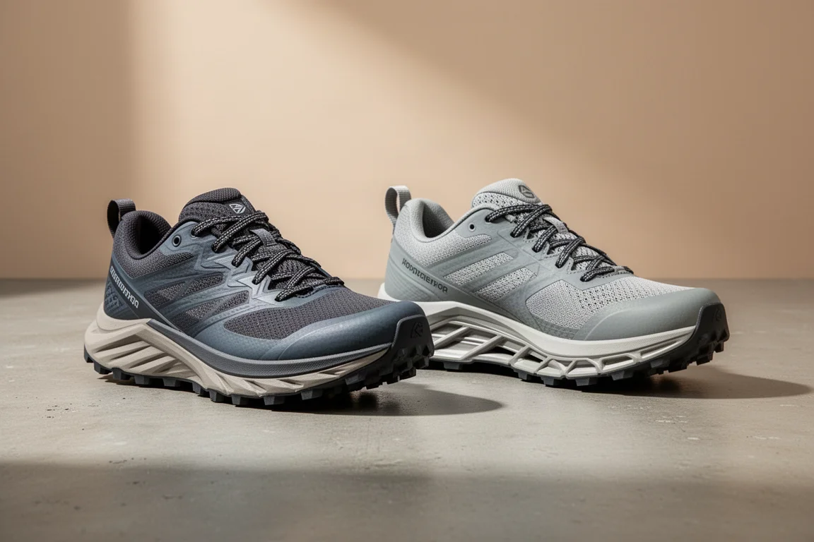 Saucony Endorphin Edge and Hoka TectonX trail shoes side by side on concrete