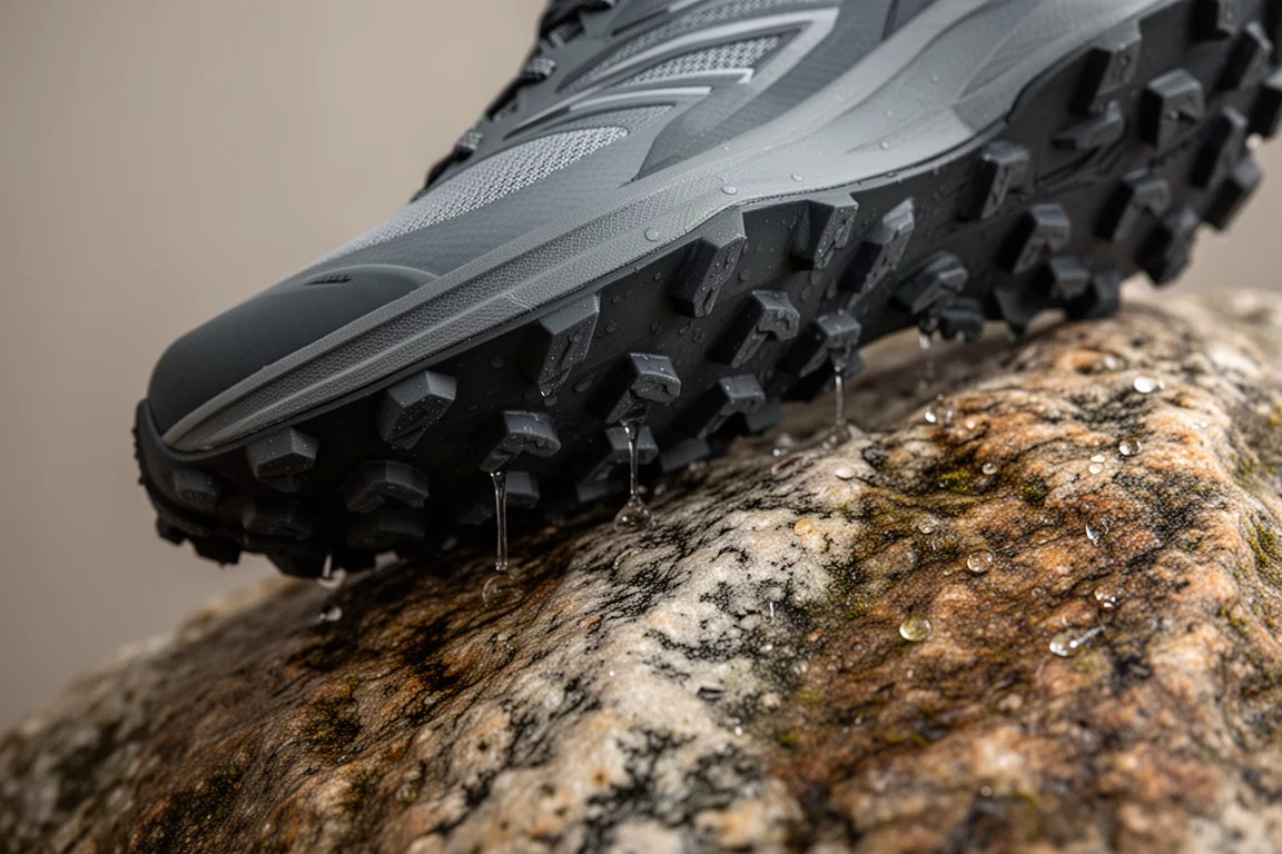 Détail de la semelle extérieure d'une chaussure de trail avec crampons posés sur la roche