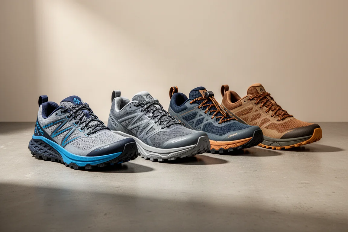 Vier Trailrunningschuhe in einer Reihe auf einer Betonoberfläche