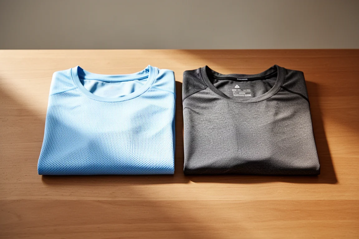 Dwa biegowe t-shirti obok siebie pokazujące różnicę w fakturze materiału