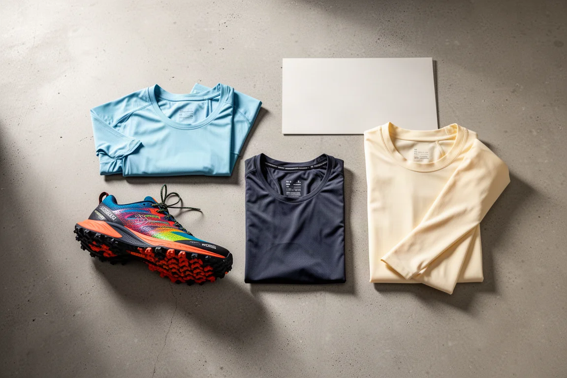Scarpa da trail running e maglie da running piegate disposte su una superficie in cemento