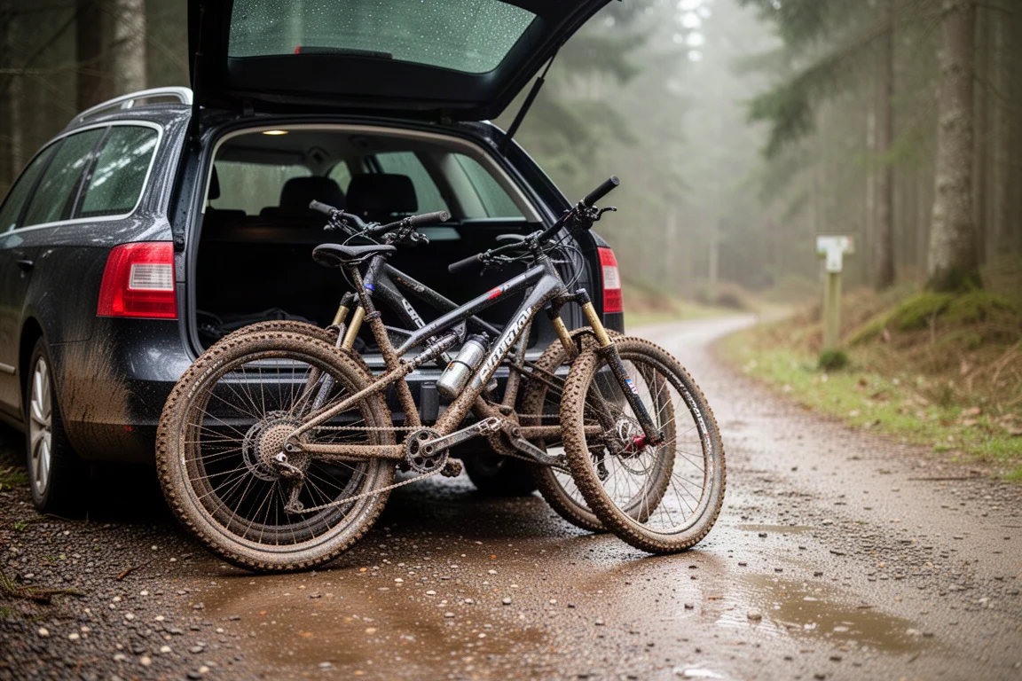 Muddy mountain bike leaning against an open car tailgate at a forest trailhead