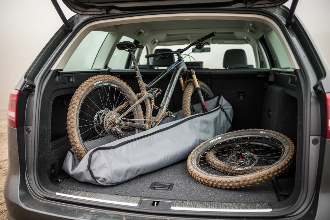 Muddy mountain bike being slid into a grey fabric transport sleeve in a car boot
