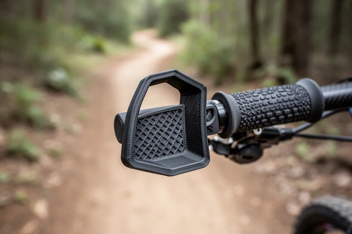 Close-up of a textured 3D-printed shifter paddle mounted on a mountain bike bar