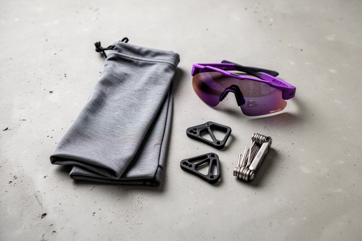 Flat-lay of cycling essentials on concrete with sunglasses and printed parts