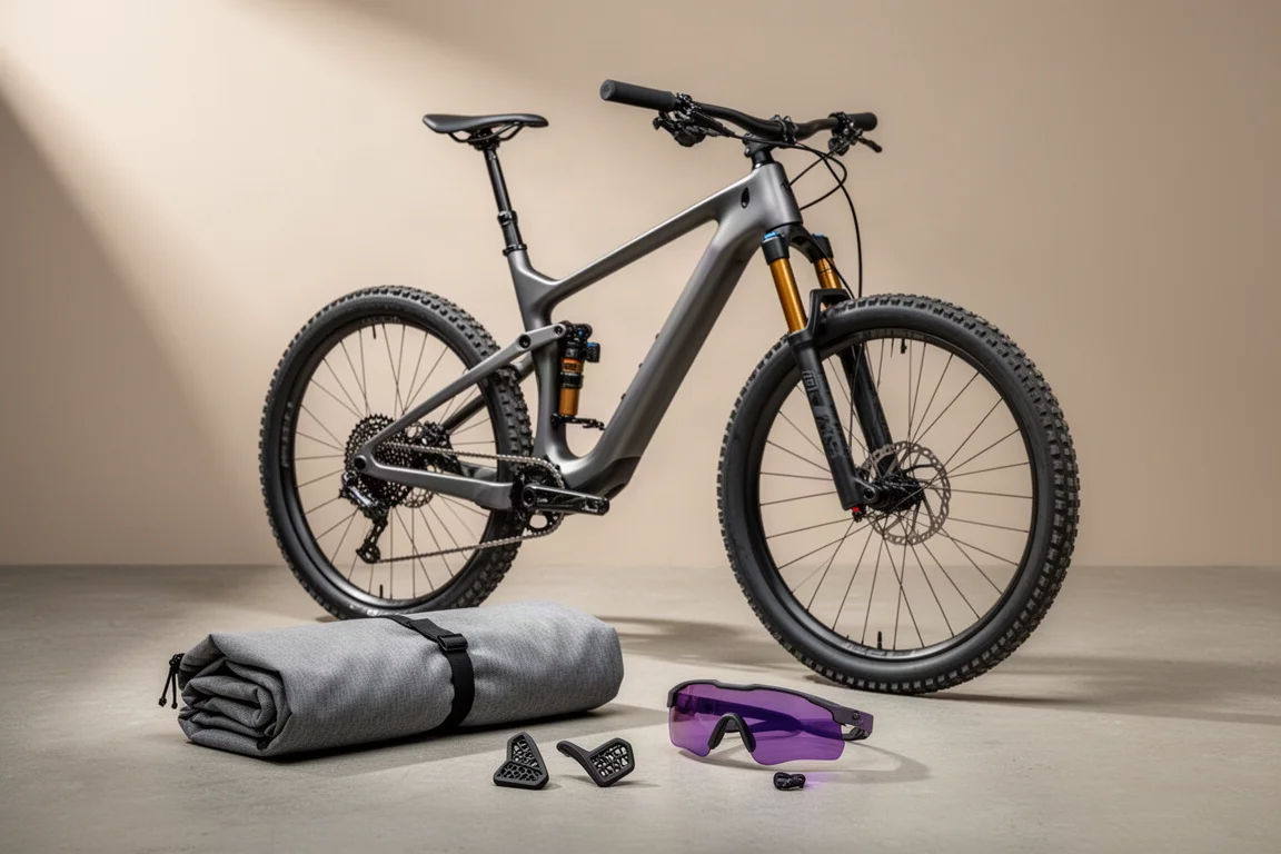 Cross-country mountain bike with single-leg fork, bike sleeve, sunglasses and printed parts
