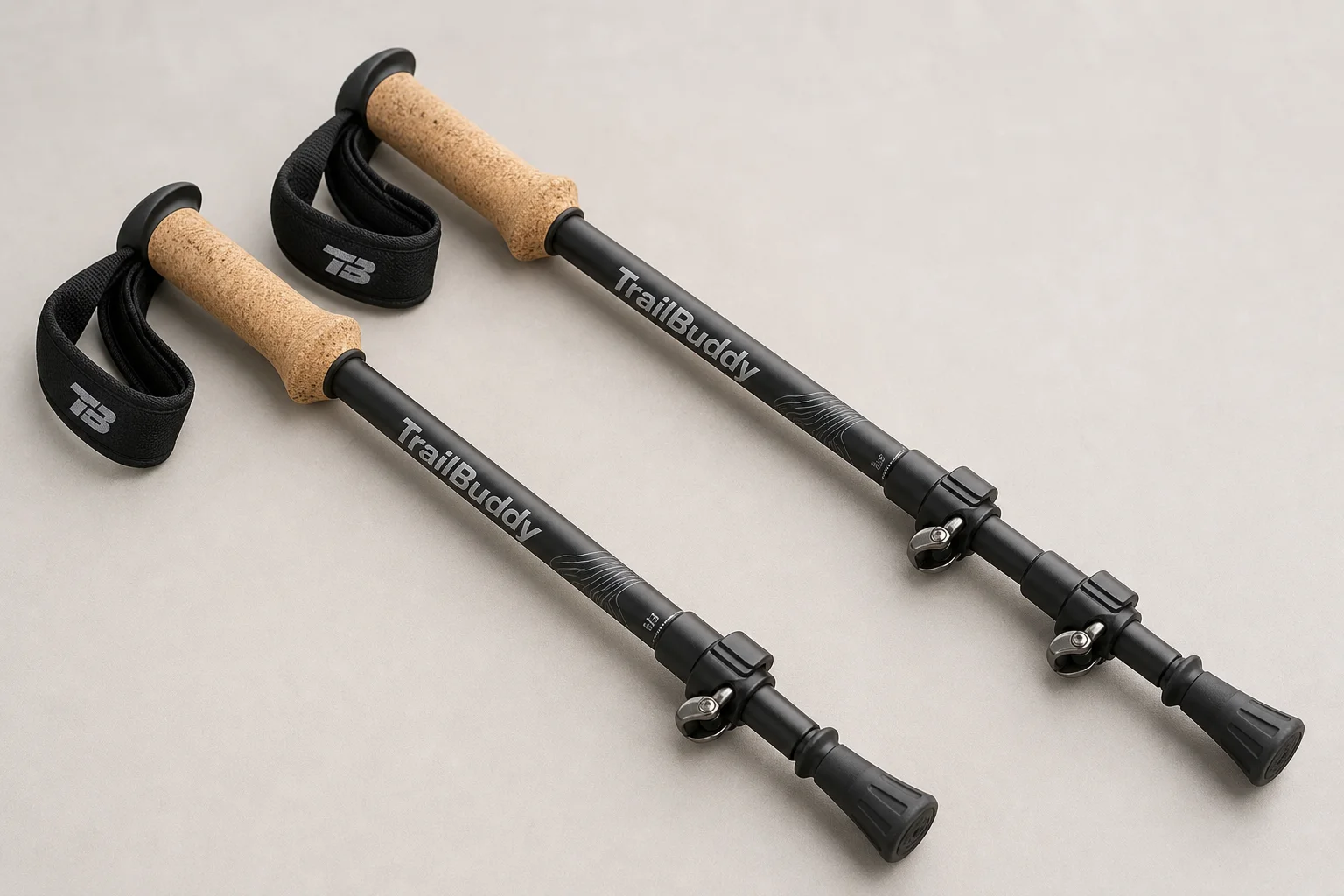 Five trekking poles in different styles arranged on concrete surface