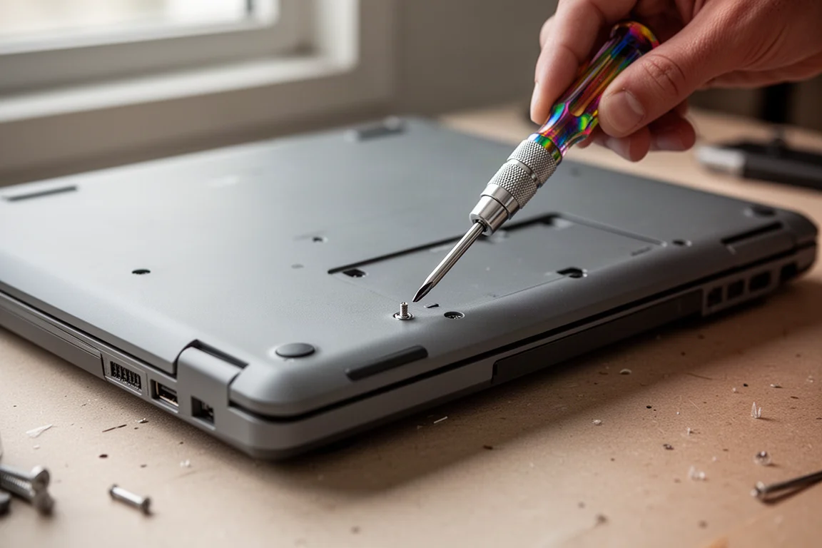 技術員用螺絲批從舊Chromebook背殼拆下一顆小型十字螺絲