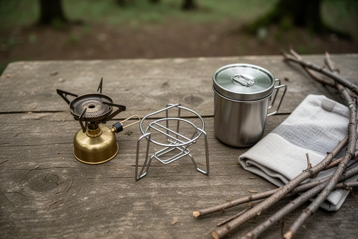 Kit da cucina da campeggio disposto su un tavolo di legno in un campeggio nel bosco