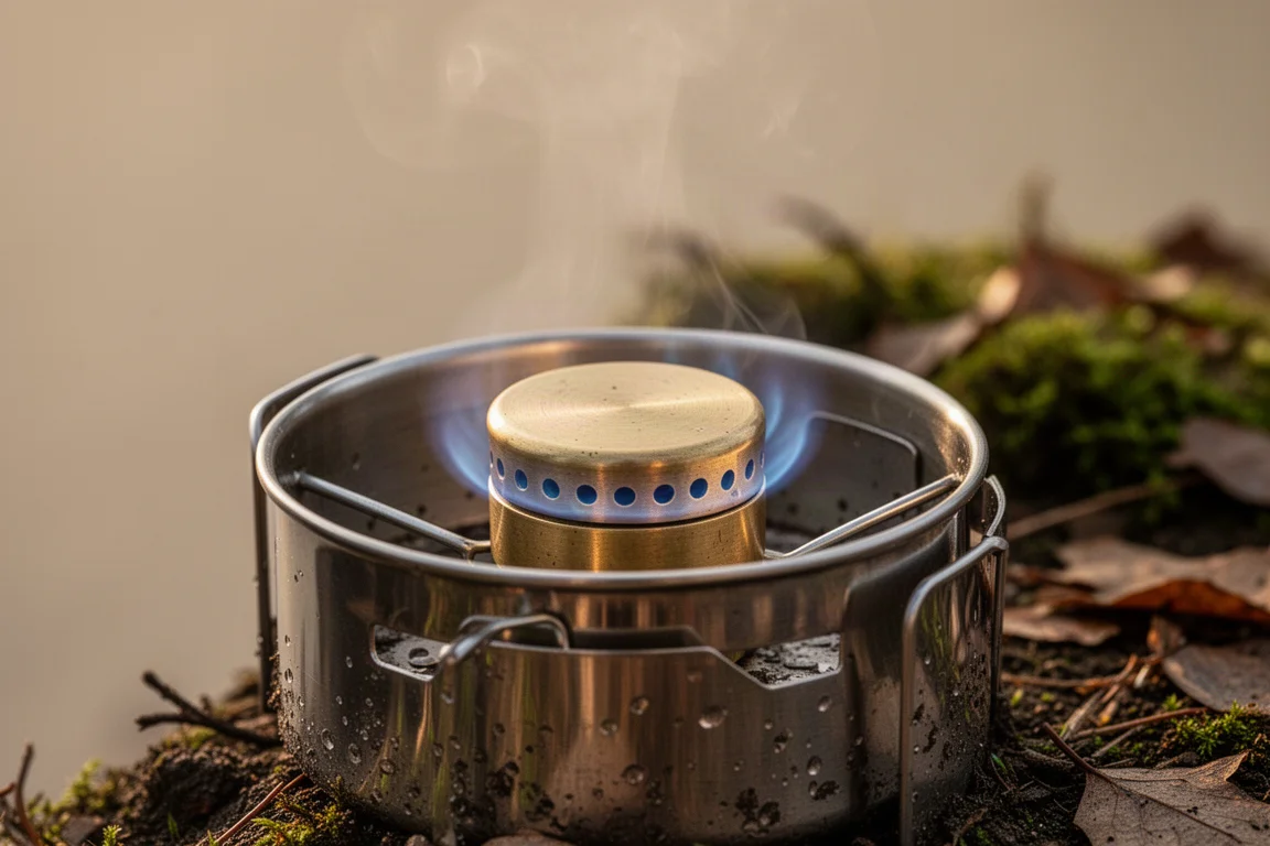Piccolo bruciatore ad alcol in ottone con fiamma blu all'interno di un supporto per pentola in acciaio