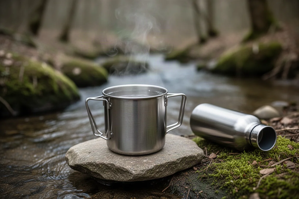 Tazza da campeggio in acciaio con vapore che sale accanto a un ruscello nel bosco