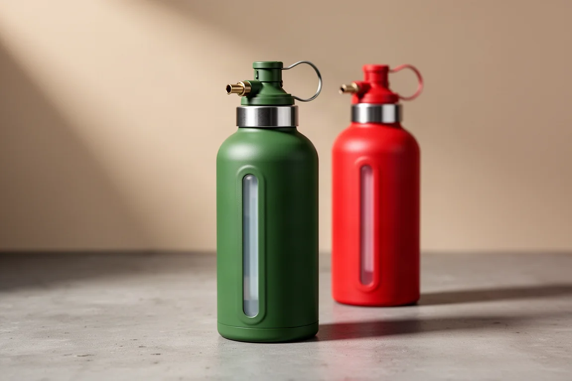 Green and red outdoor fuel bottles with translucent fuel level strips on a concrete surface
