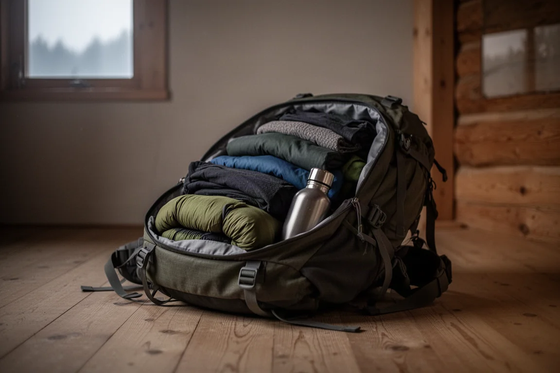 Sac à dos de randonnée ouvert sur le sol d'un chalet avec du matériel rangé à l'intérieur