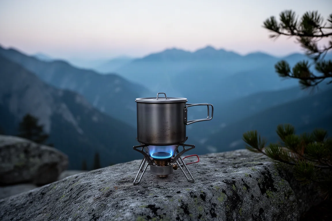 Réchaud de camping brûlant sous une casserole en titane sur un rebord de granit au crépuscule