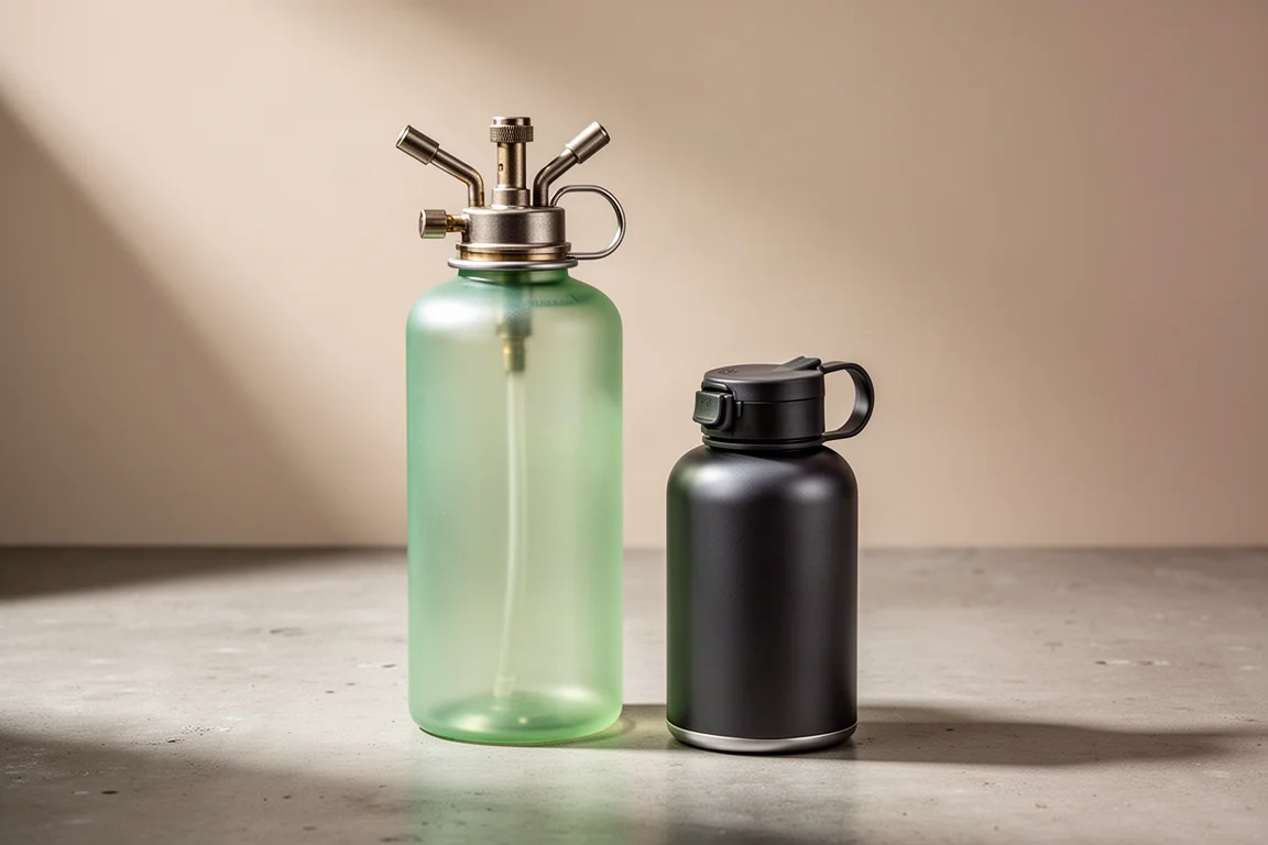 Two camping fuel bottles, one translucent green with dual spouts, one small and dark, on concrete