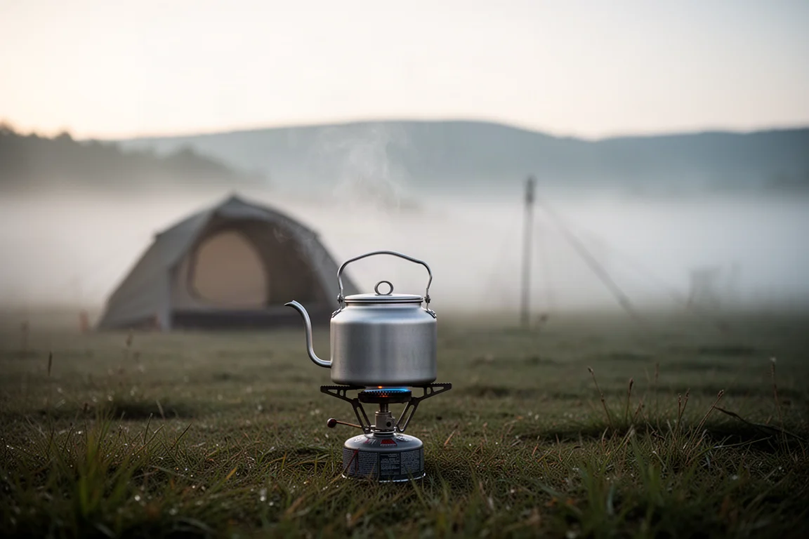 Aluminum camp kettle steaming on a small stove beside a tent at dawn