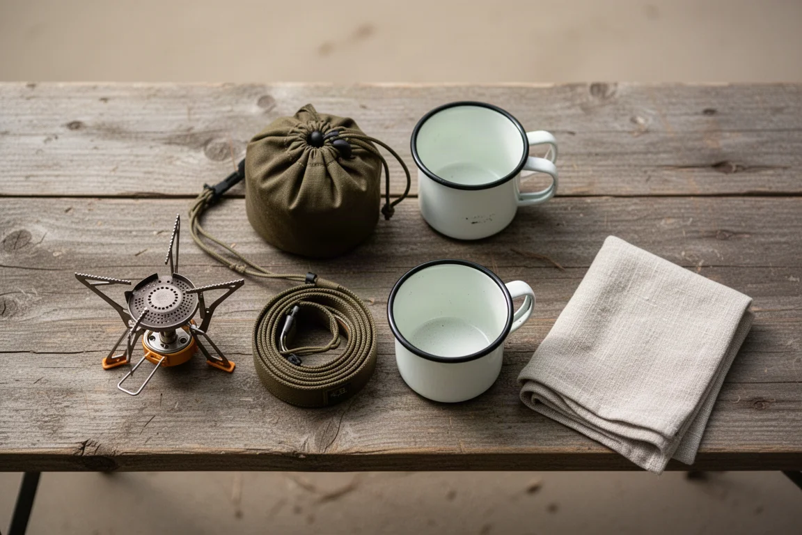 Overhead flat lay of compact camping cookware and a folded stove on a camp table