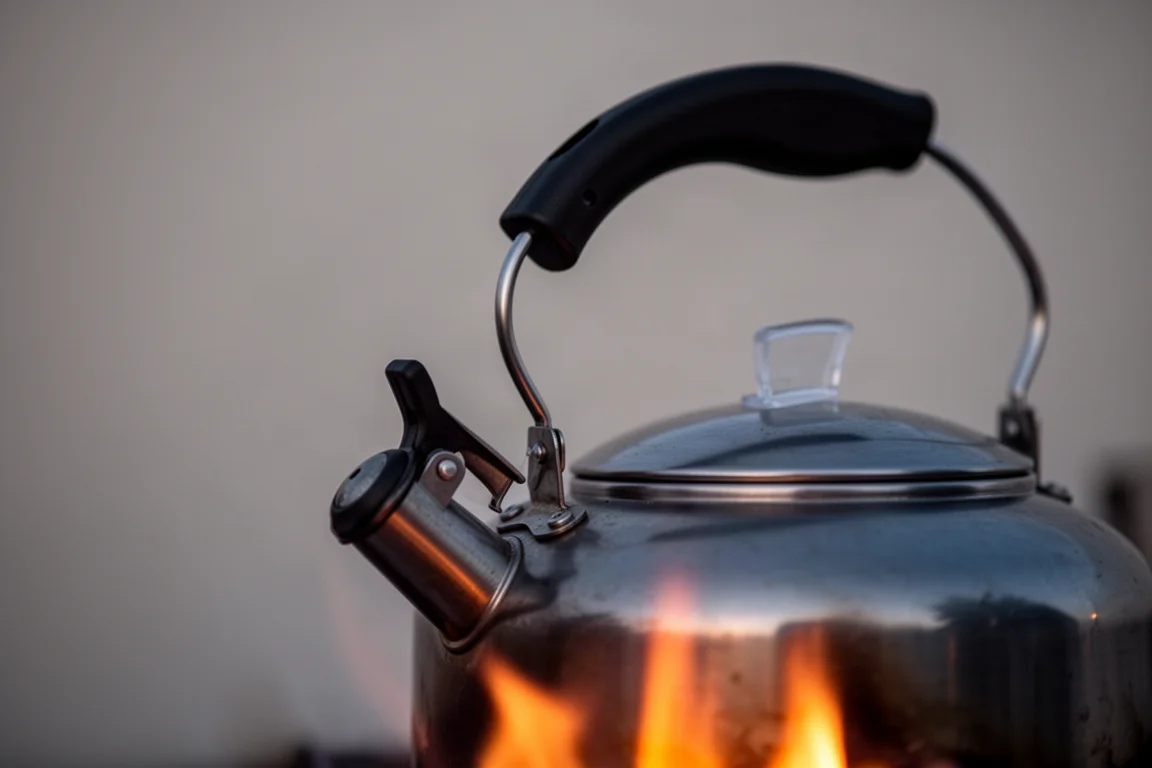 Close-up of a kettle handle grip and lid tab above a low campfire flame
