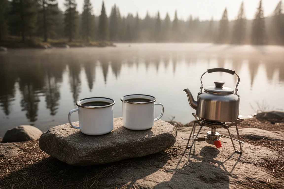 Two mugs of coffee beside a kettle on a camp stove at a lakeside campsite