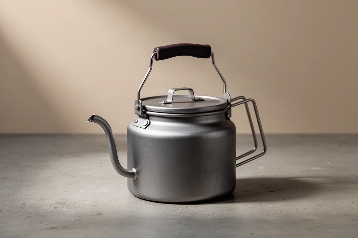 Compact aluminum camp kettle with folding handle on a matte concrete surface