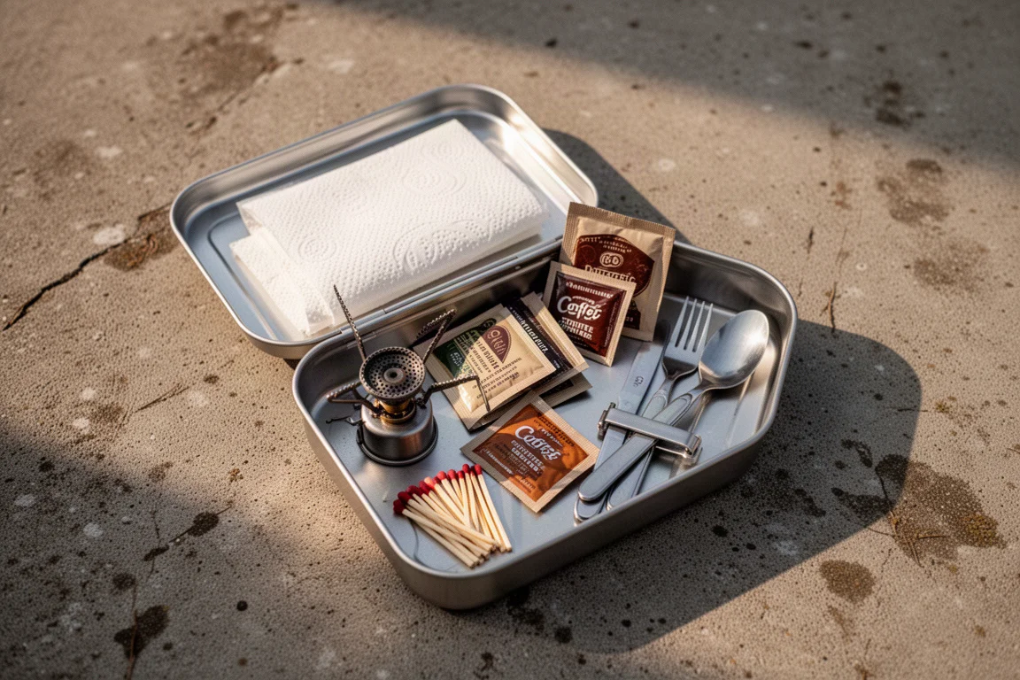 Vista cenital de un kit de cocina de camping colocado dentro de una fiambrera de aluminio poco profunda