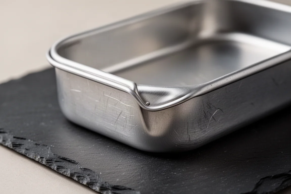 Primer plano del borde de una fiambrera de aluminio cepillado que muestra finos arañazos superficiales