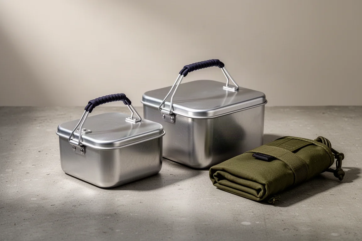 Two aluminum Trangia mess tins and a folded green polycotton roll top cover on concrete