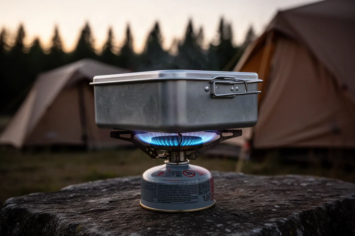 Grande gamelle sur un réchaud à cartouche avec une flamme bleue s'étalant sur sa base