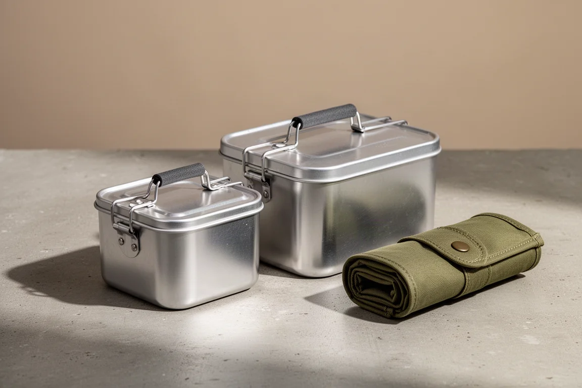 Small and large aluminum mess tins beside a rolled olive polycotton cover on concrete