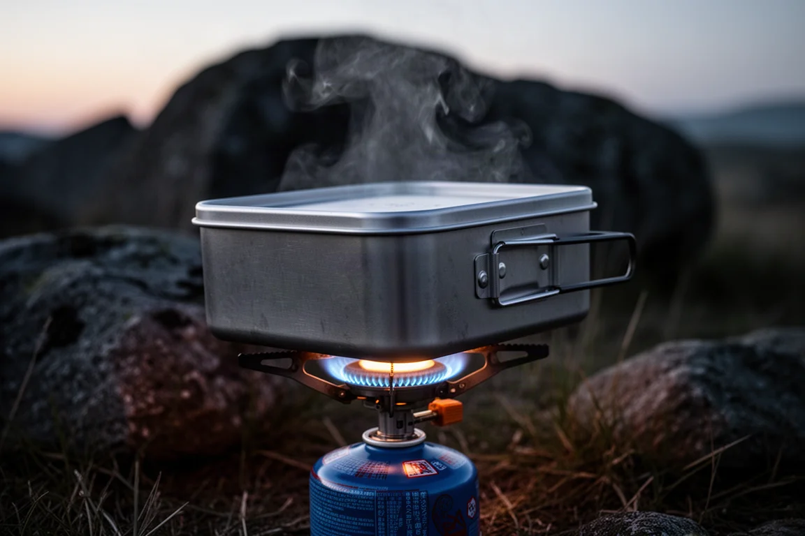 Grande mess tin rettangolare in alluminio su un fornello a cartuccia largo in un campeggio al crepuscolo con vapore che sale
