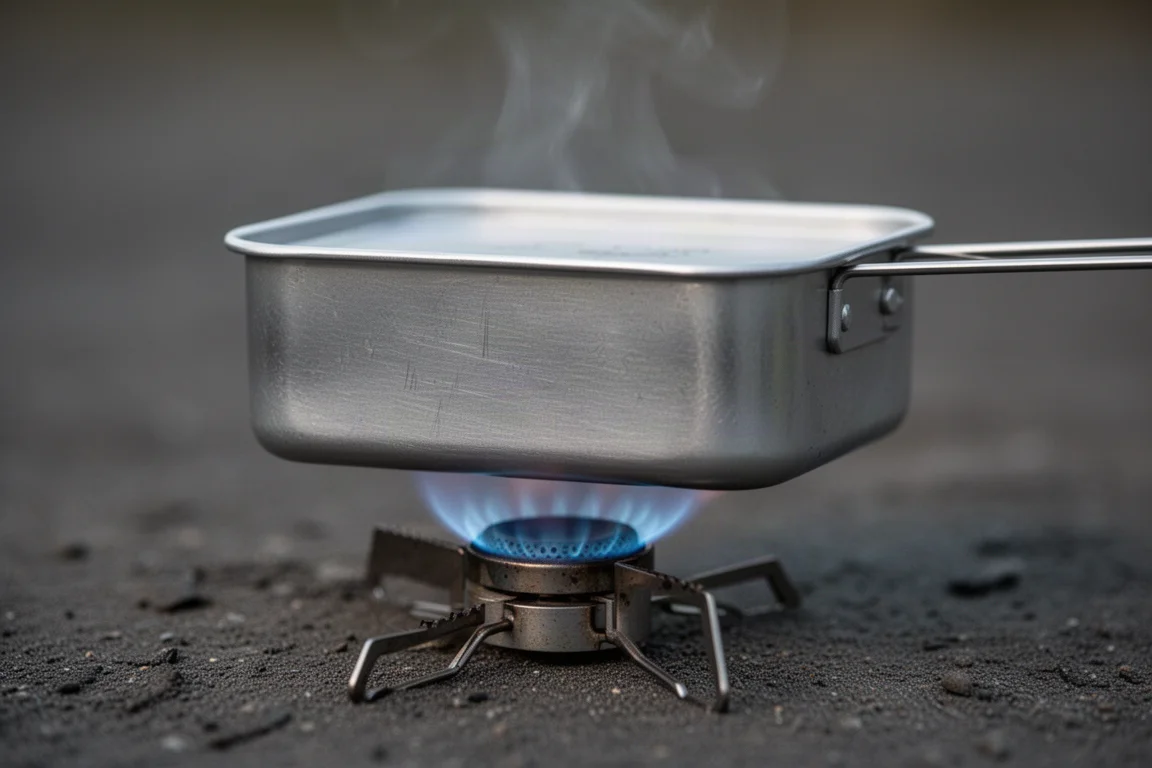 Primo piano della fiamma di un piccolo fornello ad alcol centrata sotto una mess tin in alluminio