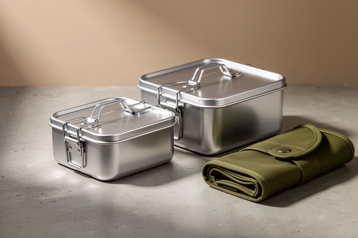 Small and large aluminium mess tins with a rolled olive poly cotton cover on a concrete surface