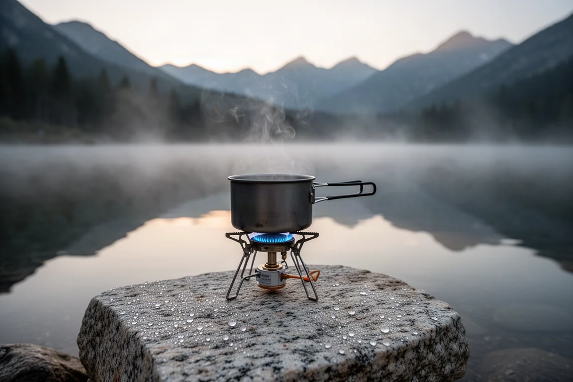 Pequena panela de metal soltando vapor em um fogareiro de acampamento sobre granito plano ao amanhecer