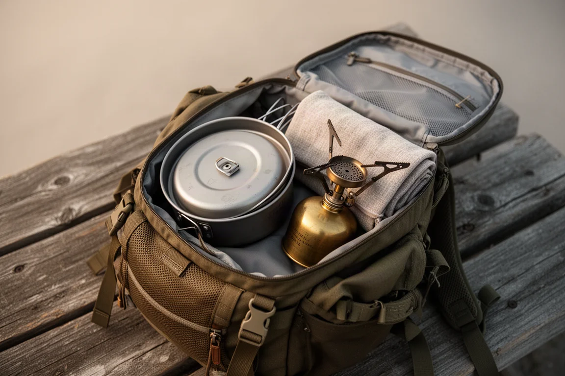 Mesa de camping com kit de fogareiro a álcool, garrafa de combustível e uma caneca soltando vapor